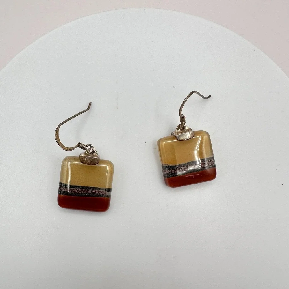 Vintage 90s Earth Tone Fused Glass Necklace Earrings Set Boho‎ Fashion Jewelry